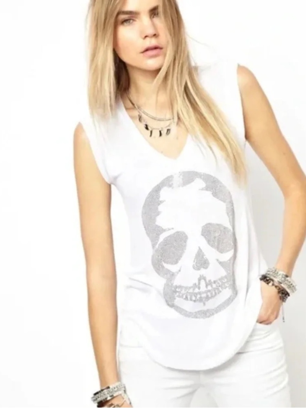 Zadig & Voltaire Brooklyn Strass Rhinestone Crystal Skull Top/Tee White Small